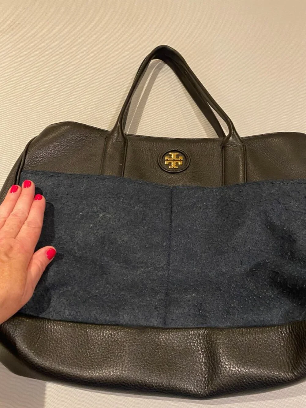Tory Burch Tote:  Black with Navy Blue Fabric